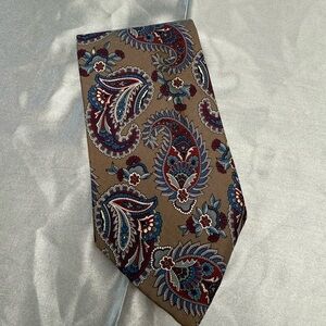 Buckingham Paisley Patterned Tie in Brown, Blue, Red, & Grey 100% Italian Silk